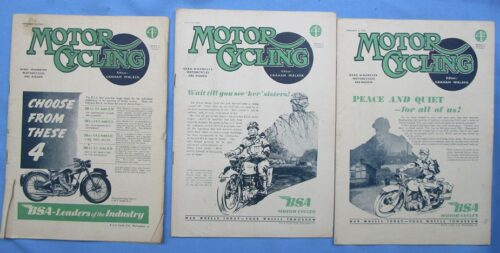 1945 MOTOR CYCLING MOTORCYCLE MAGAZINE/BOOK 3 VINTAGE POST WAR ISSUES BSA COVERS - LITERATURE