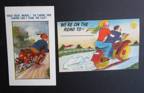 VINTAGE HUMOROUS MOTORCYCLE POSTCARDS 1930s 1940s AUTO COMIC - MEMORABILIA