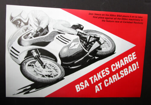 VINTAGE BSA MOTORCYCLE RACING POSTER DON VESCO AMA CARLSBAD RACEWAY 500CC - MEMORABILIA