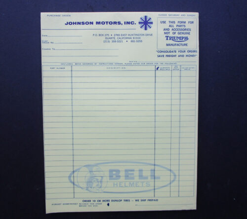 VINTAGE 1960's/1970's JOHNSON MOTORS DISTRIBUTORS ORDER PAD TRIUMPH  ARIEL BELL - MEMORABILIA