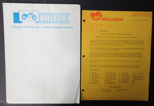 VINTAGE 1965 JOHNSON MOTORS TRIUMPH MOTORCYCLE RACING NEWS RELEASE & ENVELOPE - MEMORABILIA